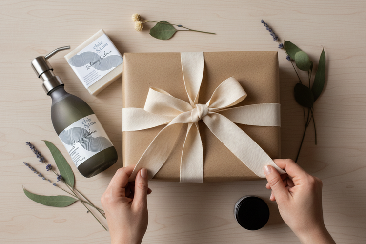 gift wrap the black box and add in our soaps and magnesium balm