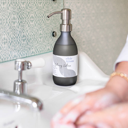 A_bottle_of_Elsie_and_Tom_hand_and_body_wash_on_the_sink