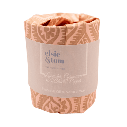 Lavender, Geranium and Black Pepper Essential Oil 1 wick, 140g wrapped scented candle | Elsie&Tom