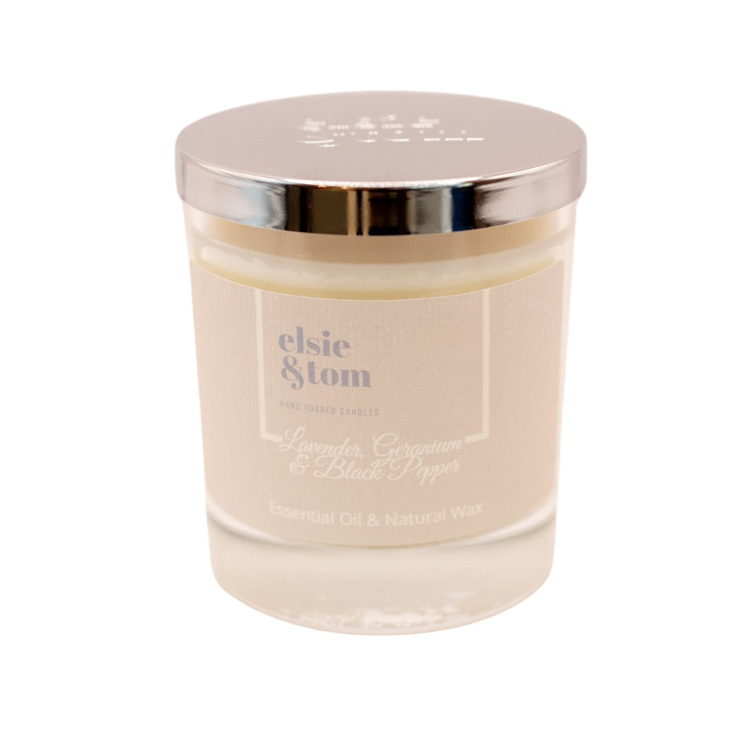Lavender, Geranium and Black Pepper Essential Oil Candle Scented Candle 200g 1 wick abd metal lid Candle | Elsie&Tom