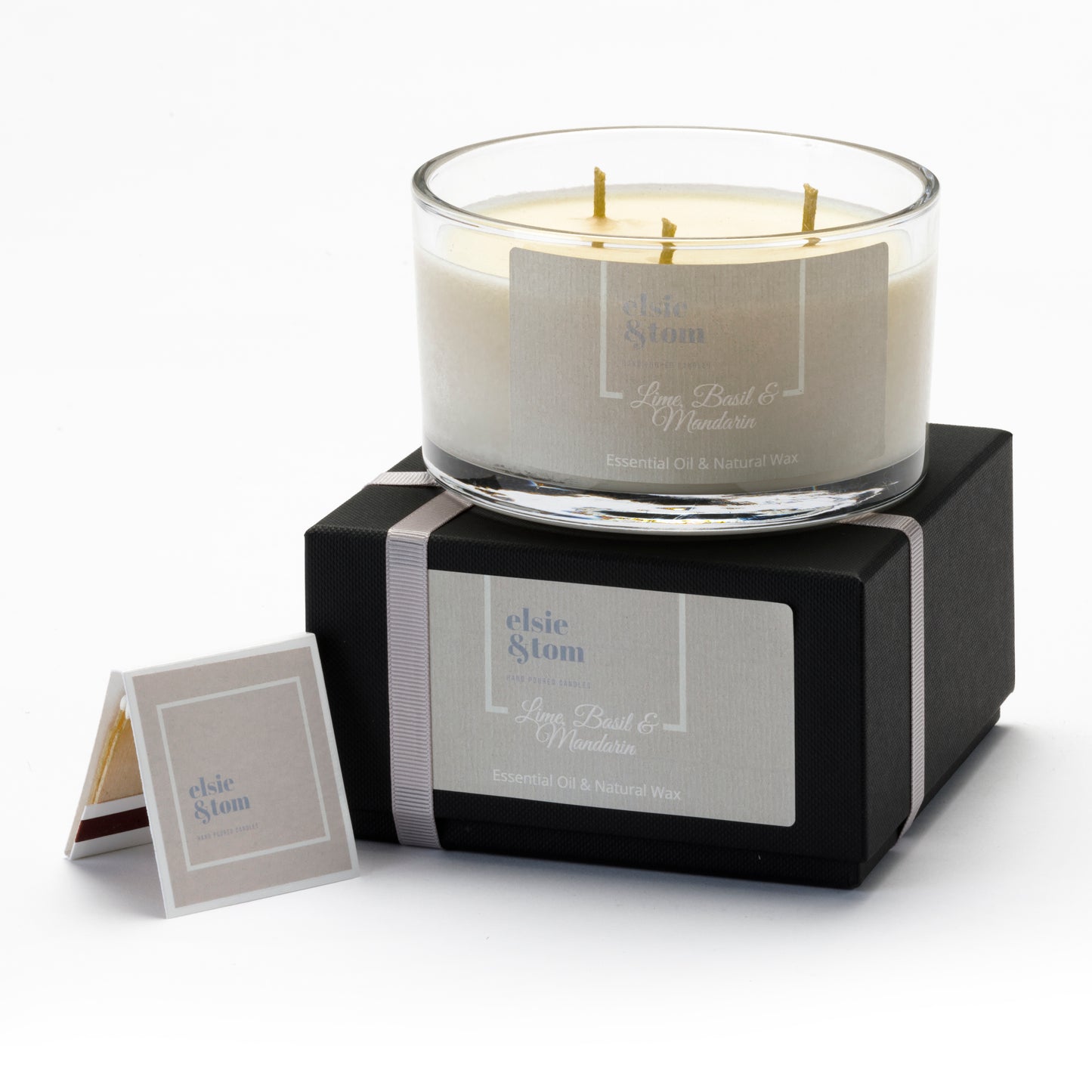 Lime, Basil and Mandarin Essential Oil Scented Candle 430g 3 wick Soya Wax Candle, Gift boxed | Elsie&Tom