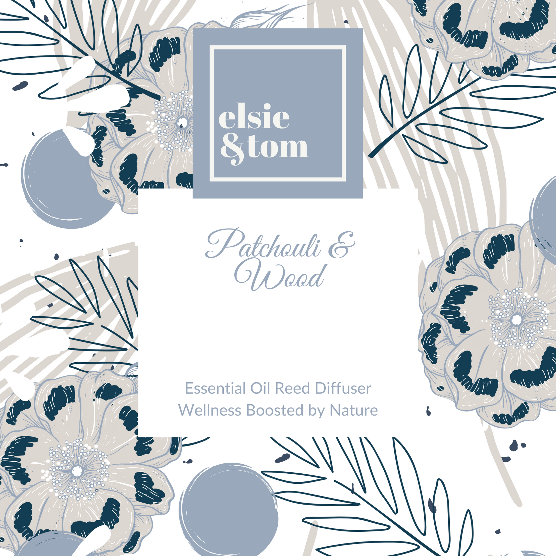 Patchouli & Wood Essential Oil Scented Reed Diffuser label