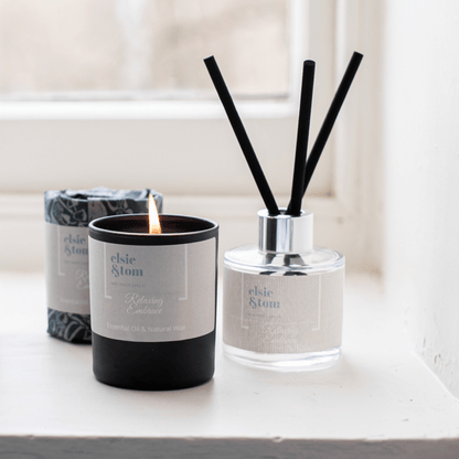 Relaxing Embrace aromatherapy wrapped candle and daily ritual reed diffuser