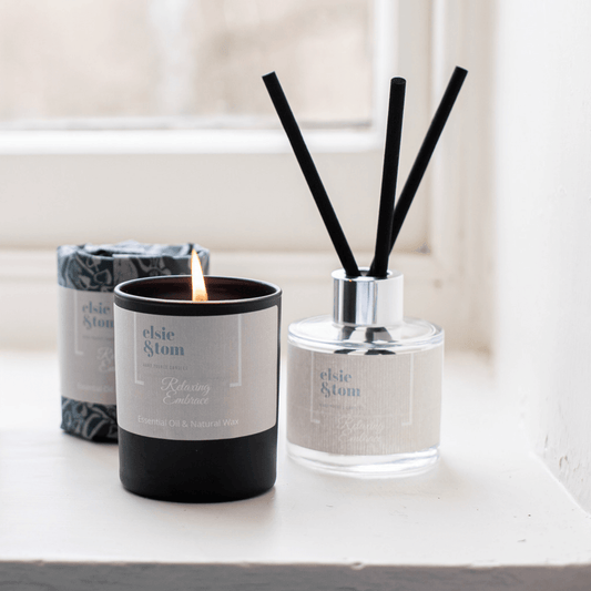 Relaxing Embrace aromatherapy wrapped candle and daily ritual reed diffuser