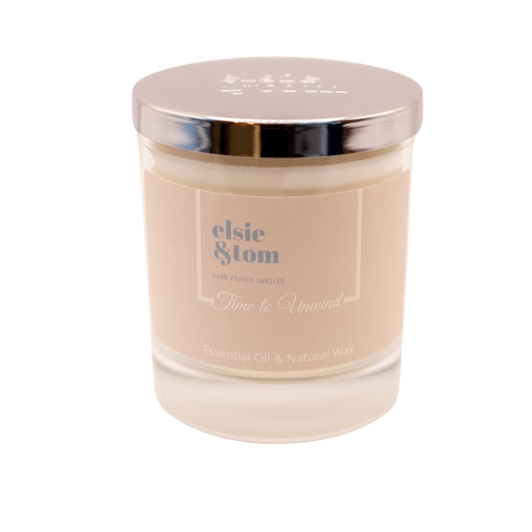 Time to Unwind Essential Oil Scented Candle  1 Wick Glass Jar with Metal Lid | Elsie&Tom